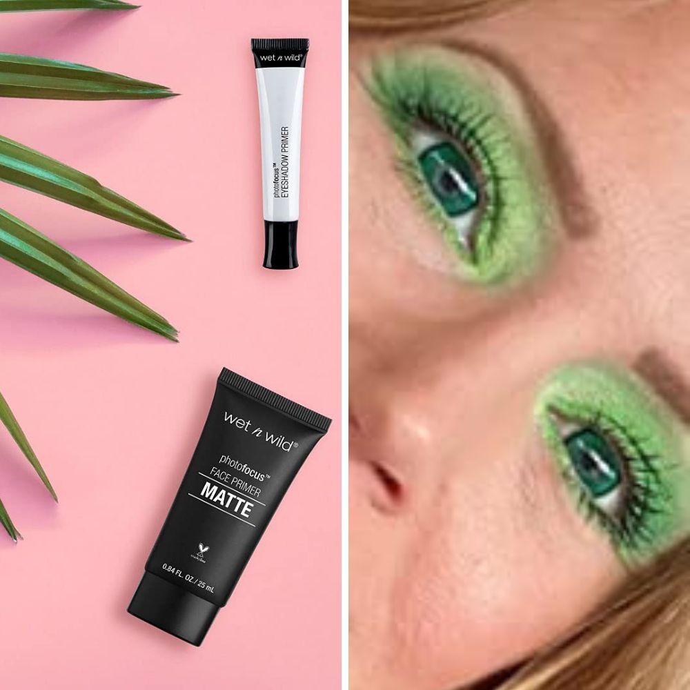 Image of eyes with green makeup and product image